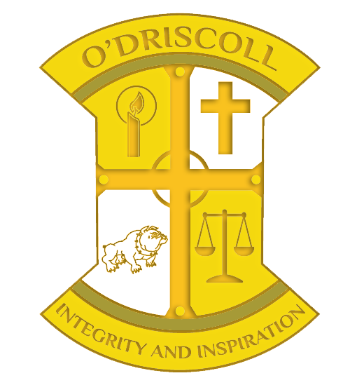 O’Driscoll House crest with a candle, cross, bulldog, and scales