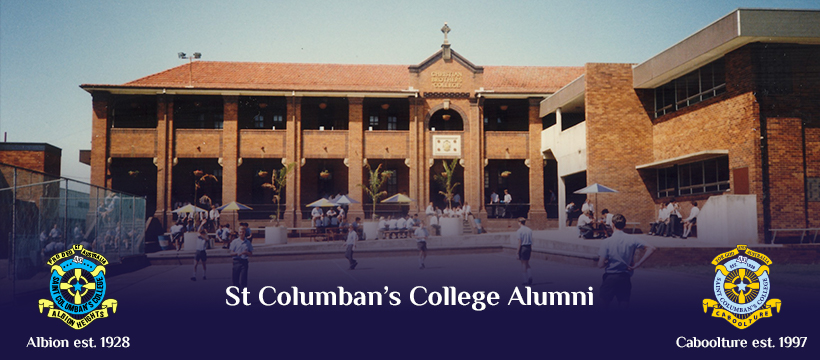 St Columban’s College Alumni banner showing a historic school building with alumni crests and establishment dates