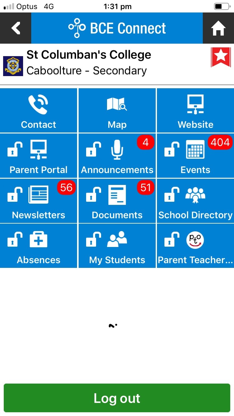 BCE Connect app screen showing St Columban’s College quick‑access tiles for contact, map, website, parent portal, announcements, events, newsletters, documents, school directory, absences, students and parent teacher options