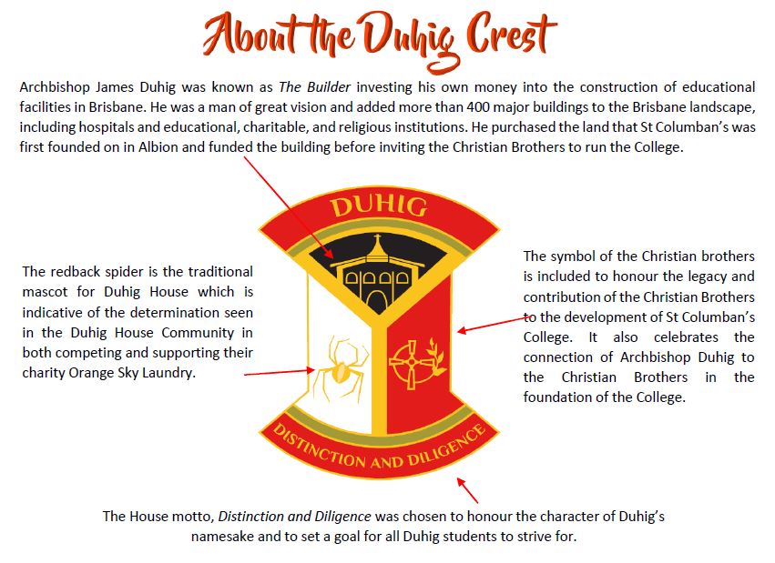 Page showing the Duhig House crest with text explaining the symbols and motto