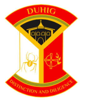 Duhig House crest with building, spider symbol, and cross symbol