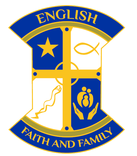 English House crest with a cross, star, fish symbol, eel symbol, and family symbol
