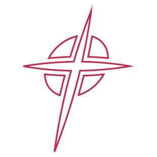 Abstract red cross symbol with curved shapes in each quadrant