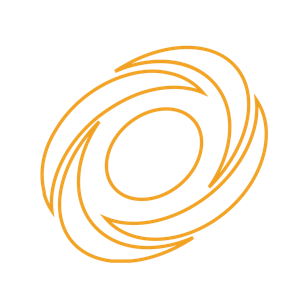 Abstract yellow circular symbol made of layered curved lines around an oval.