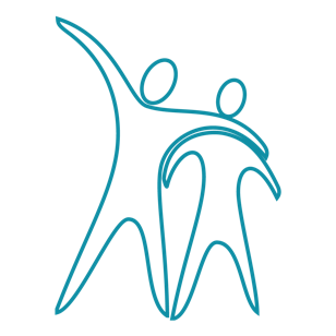 Abstract blue outline of two human figures with raised arms.