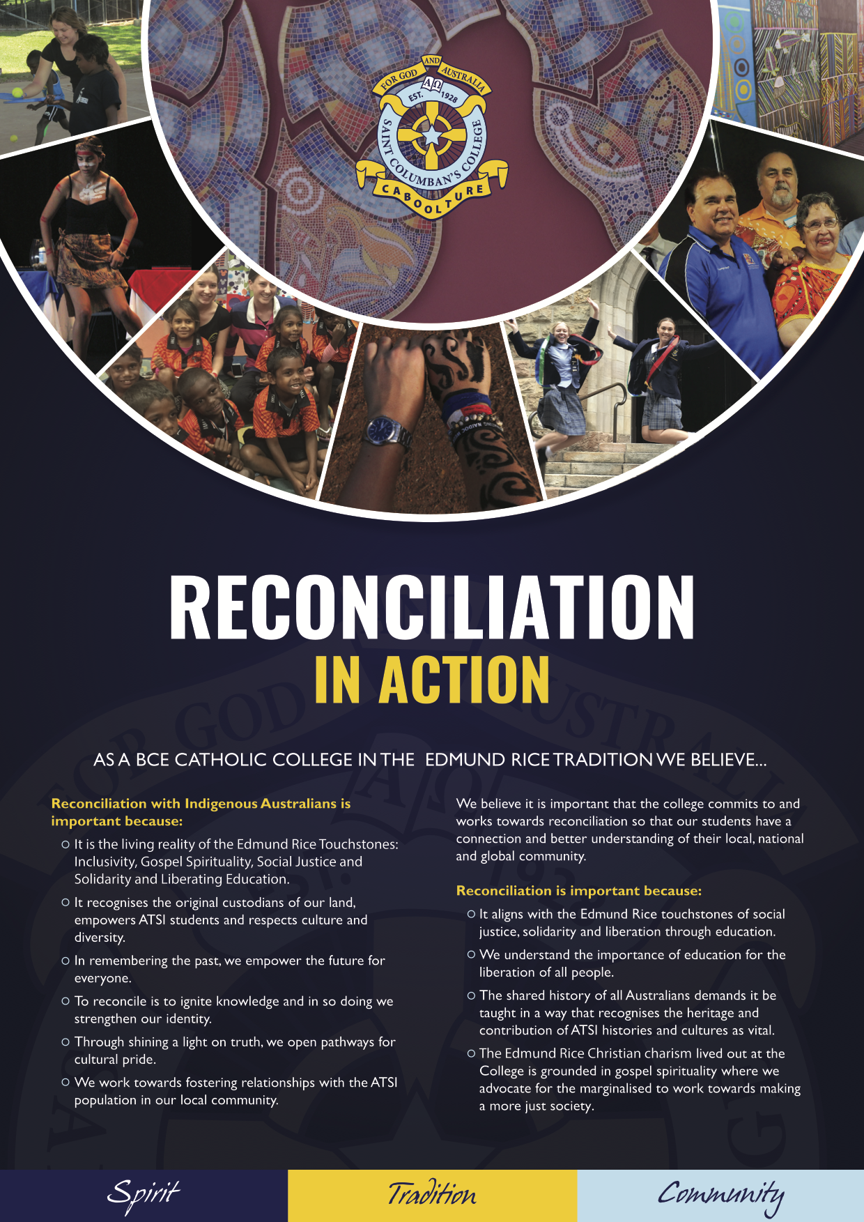 Poster featuring the text “Reconciliation in Action” with circular photo collage of cultural and school activities