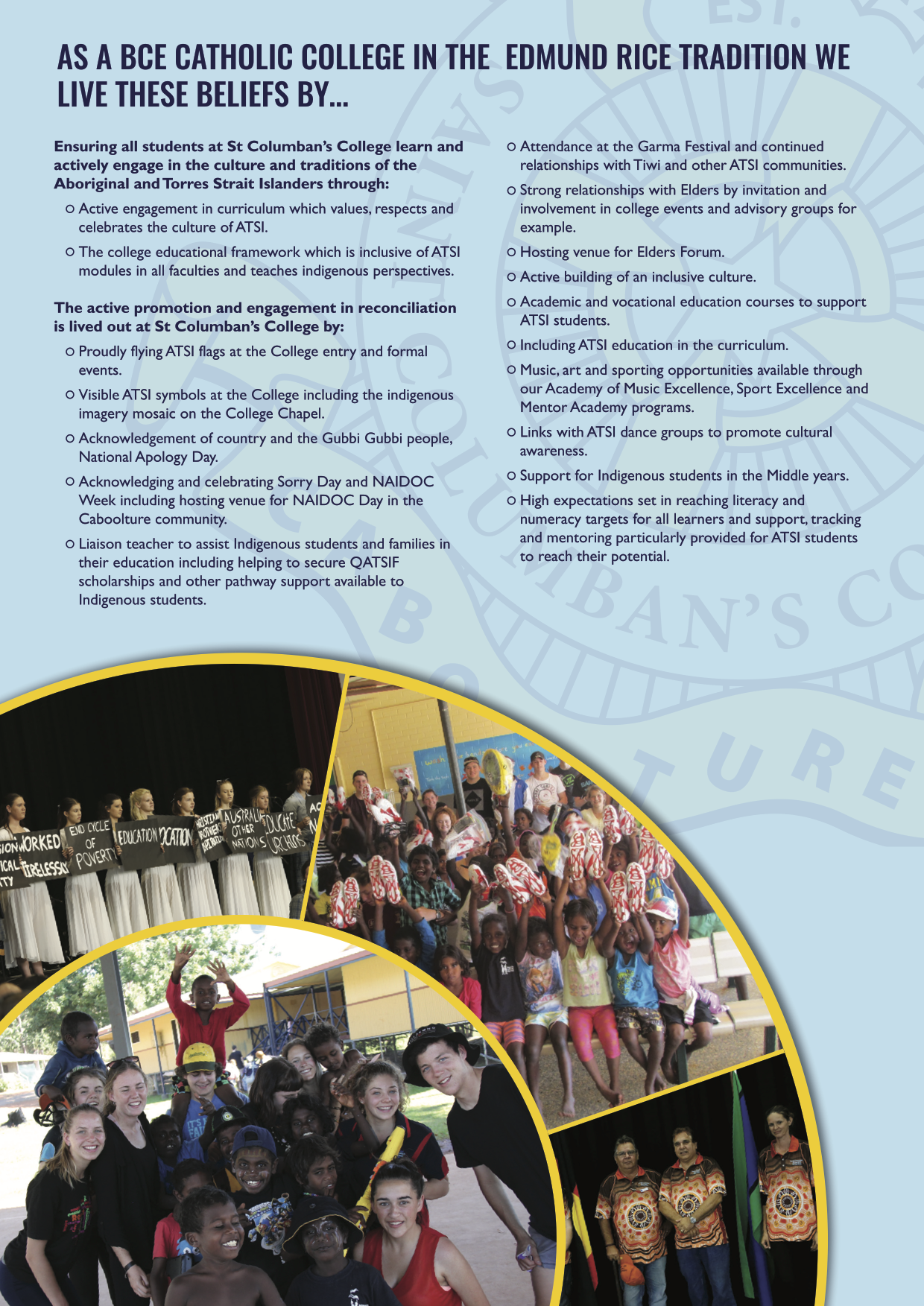 Poster page with text about reconciliation practices and photos of students participating in cultural and school activities
