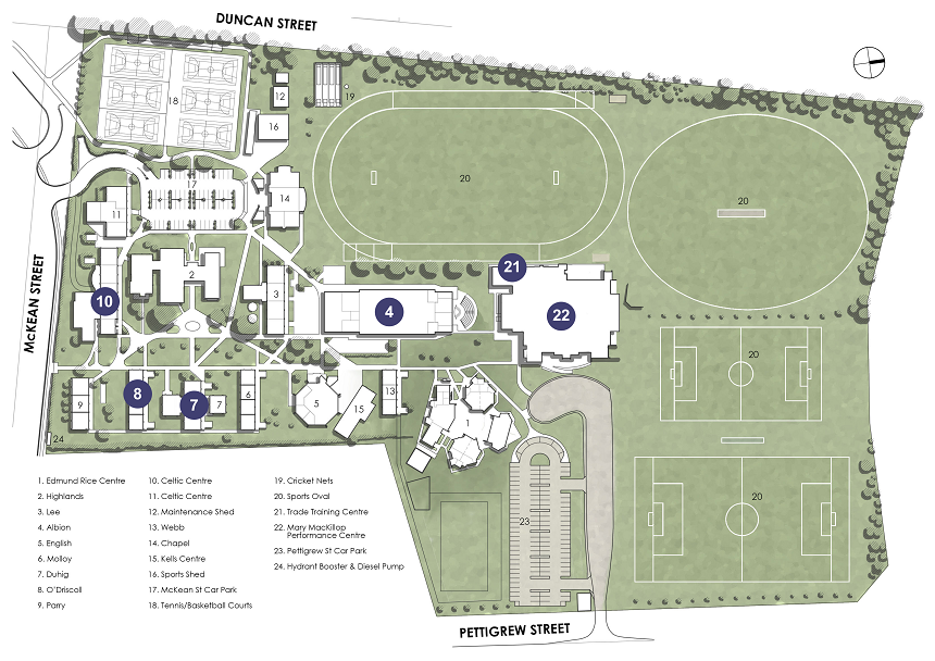 Campus map showing buildings, sports fields, car parks and facilities labeled by number across the St Columban’s College grounds
