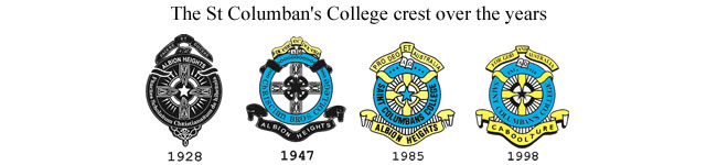 Four versions of the St Columban’s College crest from 1928, 1947, 1985 and 1998 displayed in a row