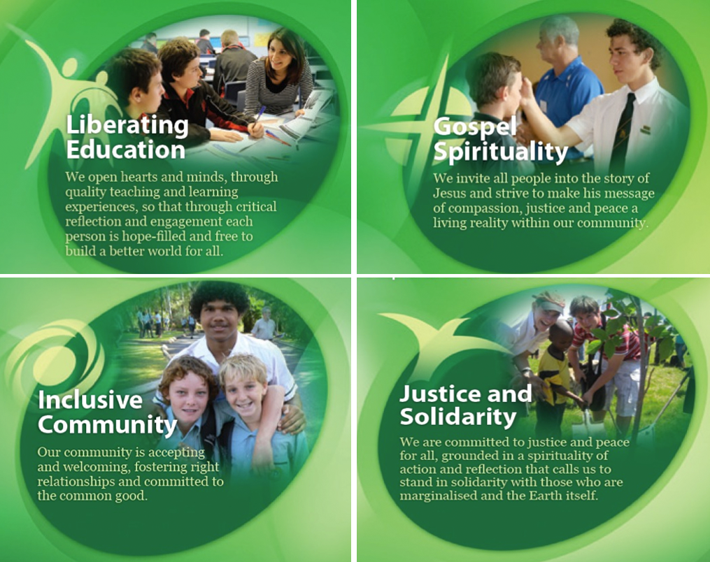 Four-panel graphic showing key school values: Liberating Education, Gospel Spirituality, Inclusive Community, and Justice and Solidarity