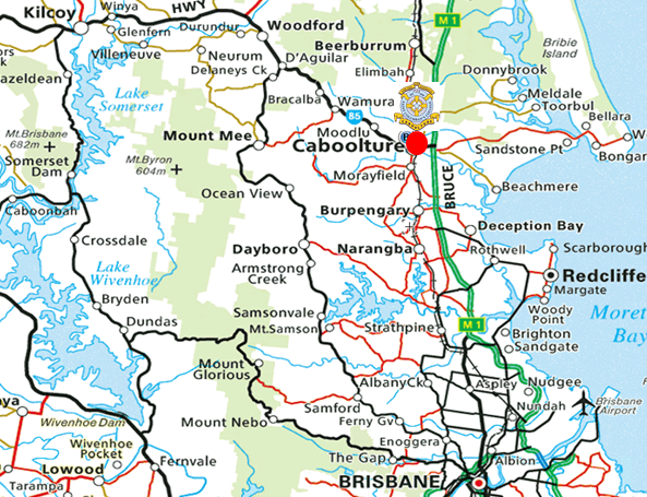 Map showing the location of Caboolture in relation to Brisbane and surrounding regions, with a marker indicating St Columban’s College