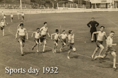 Historic photo of students running on a sports field with the text ‘Sports day 1932