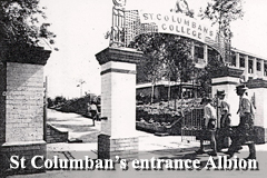 Historic photo of the entrance gate to St Columban’s College with people walking nearby